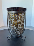 Crackled Mosaic Glass Hurricane in Metal Scroll Stand