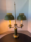 Brass Vintage Double Arm Student Lamp with Green Metal Tole Shades (WORKS)