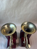 Brass Horn On Wood Bookends - Pair