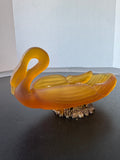 Art Deco Style Frosted Amber Swan Vintage Soap or Trinket Dish with Brass Base