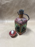 Italian Style Green Glass Decanter Wrapped In Leather With Handle READ DESCRIPTION