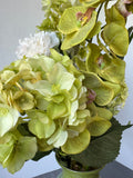 Mixed Faux Florals in Green & Blue Art Glass Vase