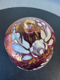 (B) Bohemia Czech Cranberry Glass Handpainted Floral Footed Candy Dish