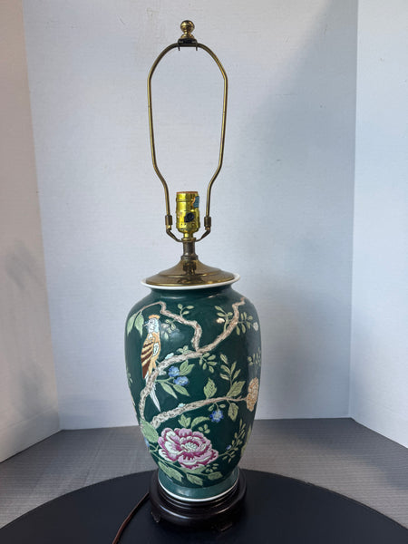 Green Asian Inspired Floral Birds Ceramic Urn Lamp (WORKS)