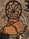 Cast Aluminum Painted Basket Weave Outdoor Table and Chair Set w/Custom Cushions, Umbrella and Stand