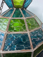 Green & Blue Vintage Stained Glass Pendant Light AS IS (READ DESCRIPTION CAREFULLY)