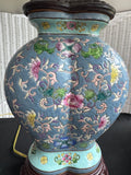 Pair of Asian Inspired Blue Floral Ceramic & Wooden Lamps (WORKS)
