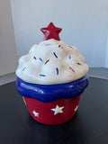 Red, White & Blue Ceramic Cupcake Cookie Jar