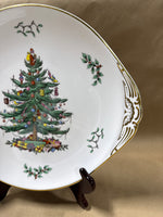 Spode England Christmas Tree Gold Filigree Handled Cake Plate
