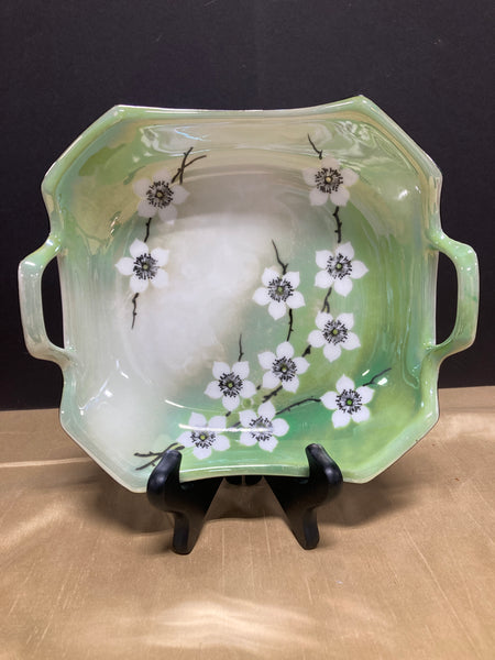 RS Germany Hand Painted Floral Green Square Bowl