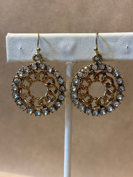 Gold Tone Round Earrings with Faux Diamonds