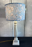 Distressed Cream Spindle Lamp with Blue Floral Shade (WORKS)