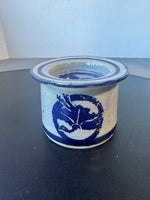 Blue & Gray Signed Pottery Butter Keeper & Warmer