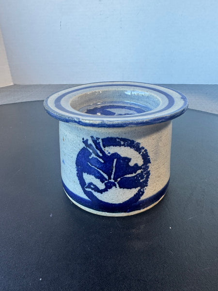 Blue & Gray Signed Pottery Butter Keeper & Warmer