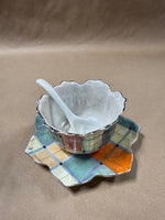 3 Piece Plaid Chikusa Condiment Bowl With Leaf Plate And Spoon ** READ DESCRIPTION **