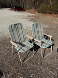 Pair of Blue & Brown Striped Folding Lawn Chairs