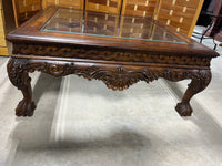 Square Carved Wood & Glass Coffee Table