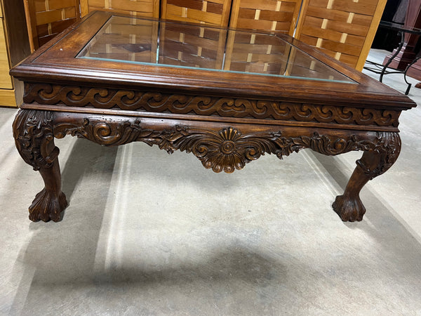Square Carved Wood & Glass Coffee Table