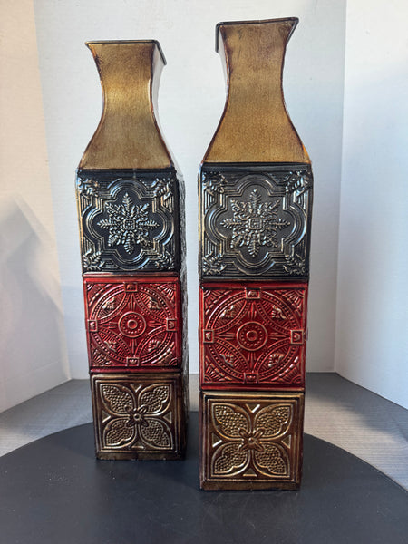Pair of Elements Multicolored Embossed Metal Floor Vases