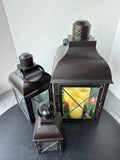 Trio of Distressed Bronzed Metal Lanterns with 3 Flameless Candles (WORKS)
