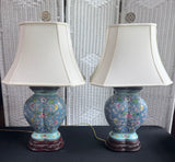 Pair of Asian Inspired Blue Floral Ceramic & Wooden Lamps (WORKS)