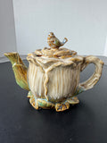 Majolica Style Vintage Cabbage Leaf Teapot with Bird