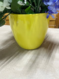 Yellow Ceramic Vase with Purple Tone Faux Florals