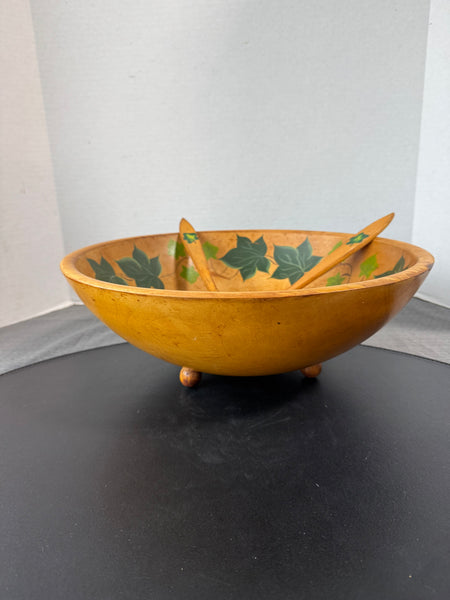 Ivy Painted Munising Style Vintage Wooden Footed Bowl with Utensils