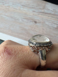 Milky Faceted Stone Filigree Silver Tone Ring SIZE 6.5