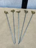 Vintage Skewers with Brass Farm Animals/Stainless Steel Shafts, 5 pc, 16”L
