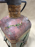 Italian Style Green Glass Decanter Wrapped In Leather With Handle READ DESCRIPTION