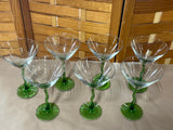 Clear Martini Glasses with Green Glass Stems, Set of 7