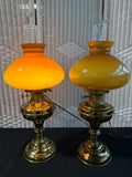 Pair Of Brass Kerosene Lamps With Honey Amber Glass Shade ** READ DESCRIPTION CAREFULLY**