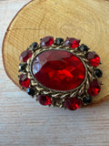 Ruby Red & Black Faceted Beaded Oval Gold Tone Brooch
