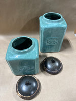 Pair Of Maine Green Ceramic Kitchen Canisters