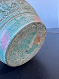 Bohemian Style Heavyweight Etched Pottery Vase with Multicolored Patina
