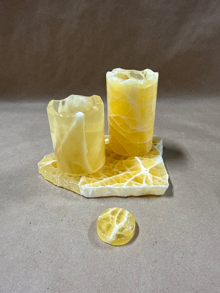 4 Piece Honeycomb Calcite Candle Holders And Honeycomb Calcite Slabs