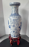Large Blue & White Chinoiserie Vase on Wooden Stand AS IS (READ DESCRIPTION CAREFULLY)