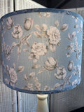 Distressed Cream Spindle Lamp with Blue Floral Shade (WORKS)