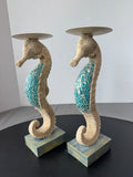 Pair of Sand Textured & Blue Glass Mosaic Seahorse Pillar Candle Holders