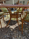 Cast Aluminum Painted Basket Weave Outdoor Table and Chair Set w/Custom Cushions, Umbrella and Stand
