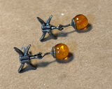 Silver Tone Earrings with Amber Bead