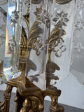 Pair of Antique Girandole Brass, Marble & Crystal Prism Candlesticks with Oil Lamp Conversion Inserts