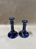 Pair Of Blue Spongeware Pottery Candle Stick Holders