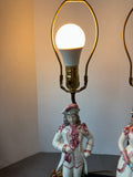 Pair of Antique Porcelain Figural Lamps with Heavyweight Metal Bases (WORKS) AS IS (READ DESCRIPTION CAREFULLY)