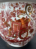 Asian Inspired Ceramic Planter with Brick Red & Gold Floral and Wagon Motifs