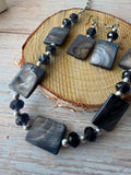 Blue Gray Shell Beaded Necklace & Earrings Set