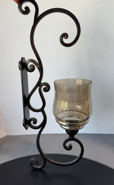 Bronzed Wrought Iron Heavyweight Scroll Wall Sconce with Smoky Glass Hurricane