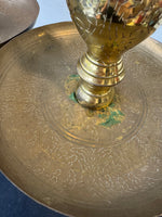 Pair of Large Etched Brass Candlesticks with Drip Pans