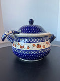 Boleslawiec Hand Made Blue Pumpkin Polish Pottery Lidded Soup Tureen with Ladle